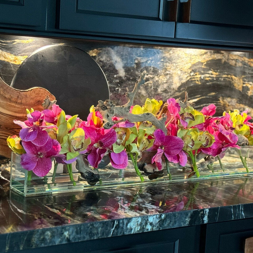Modern House Glass Vase with Pink Vanda Orchids and Green Cymbidiums