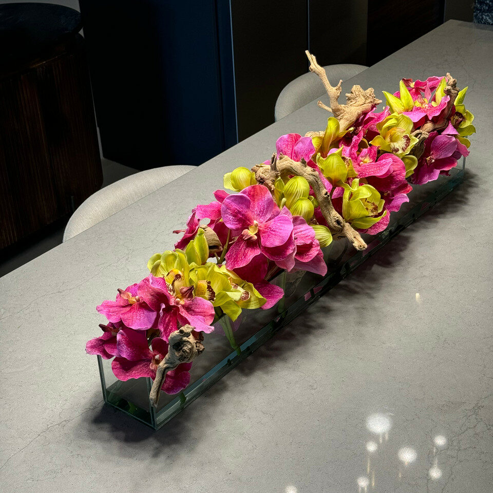 Modern House Glass Vase with Pink Vanda Orchids and Green Cymbidiums